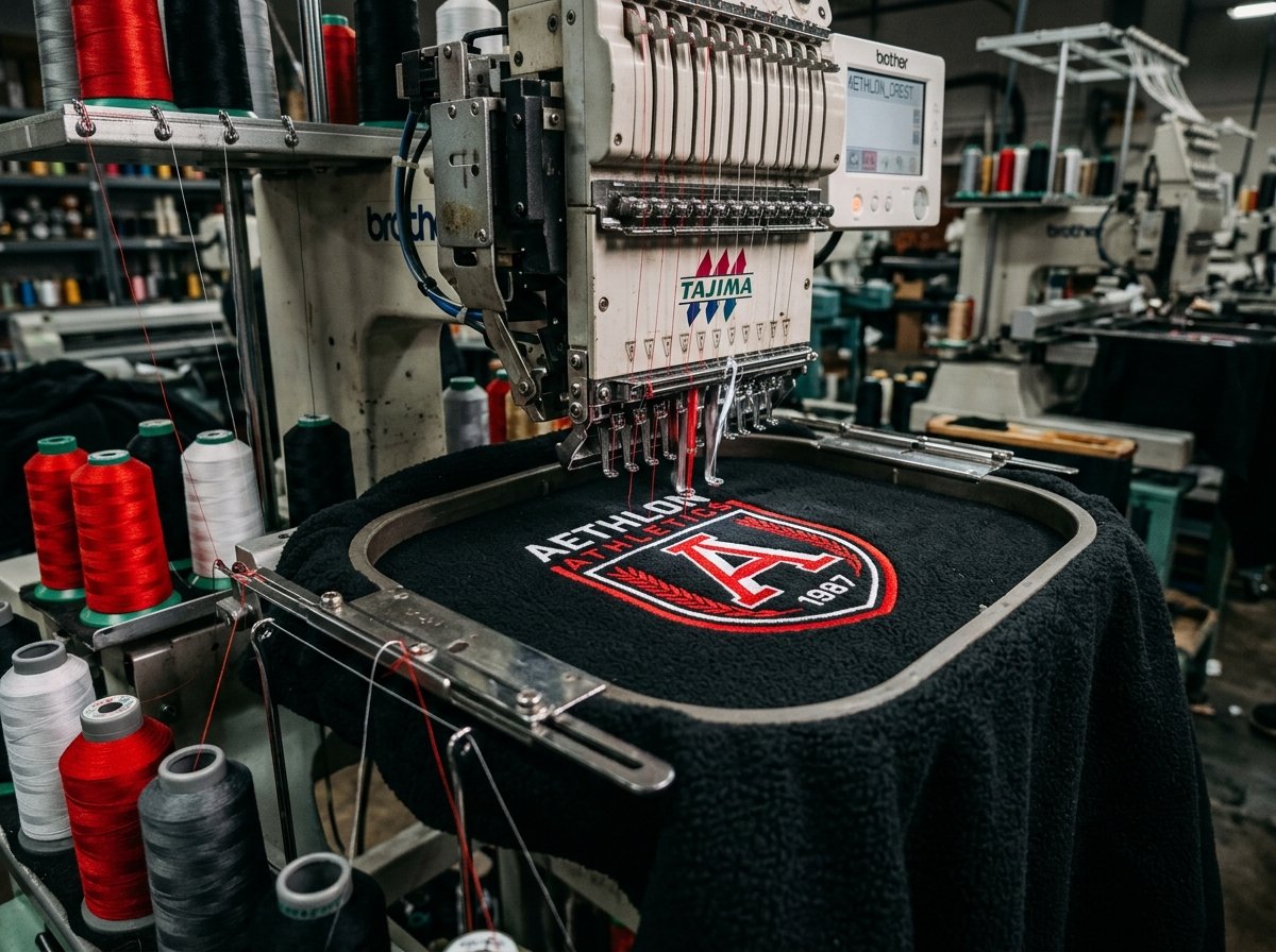 Industrial computerized embroidery machine at Ade Sport stitching brand crest